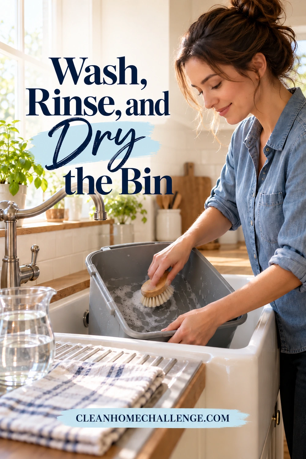 Woman washes a detached plastic bin bucket with a soft brush beside a utility sink and drying towel.