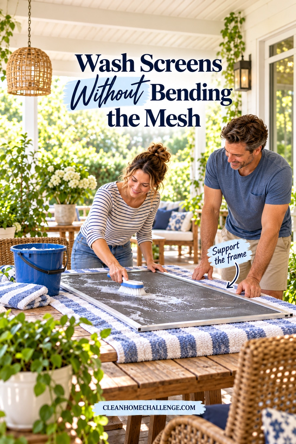 A woman gently brushes a window screen supported flat on a towel-covered patio table while a man steadies its frame.