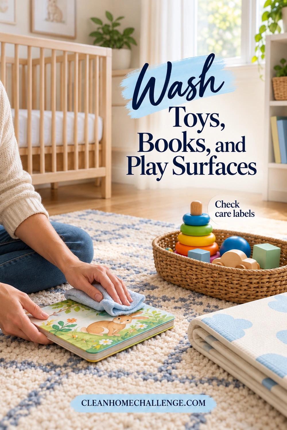 A parent wipes a board book beside washable toys and a folded play mat.