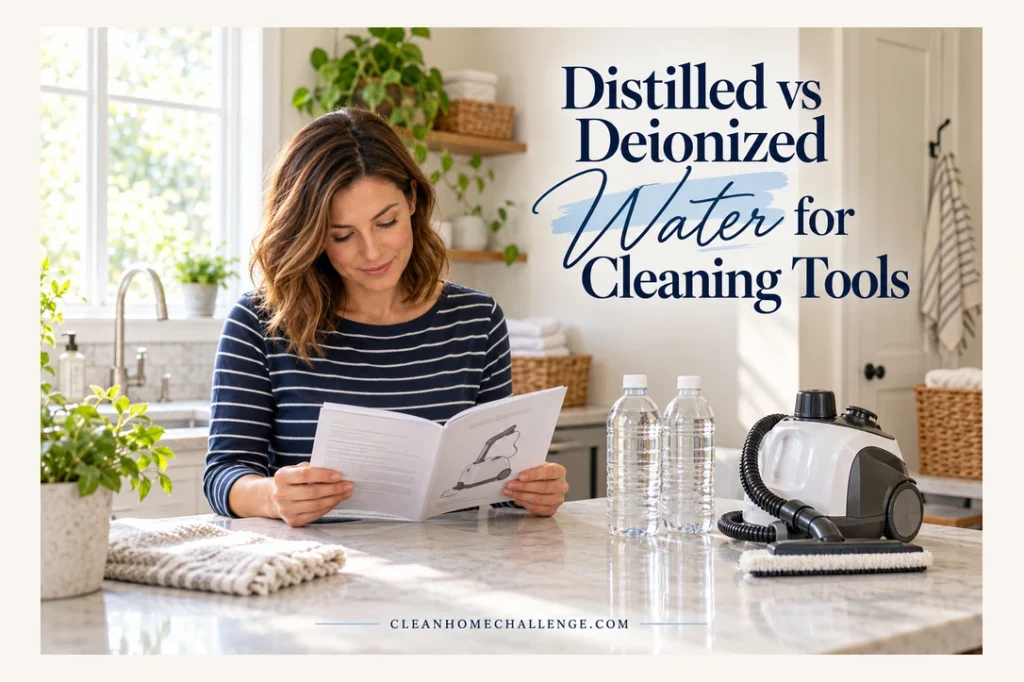 Woman reading an appliance manual beside two capped water bottles and a compact steam cleaner in a bright utility room.