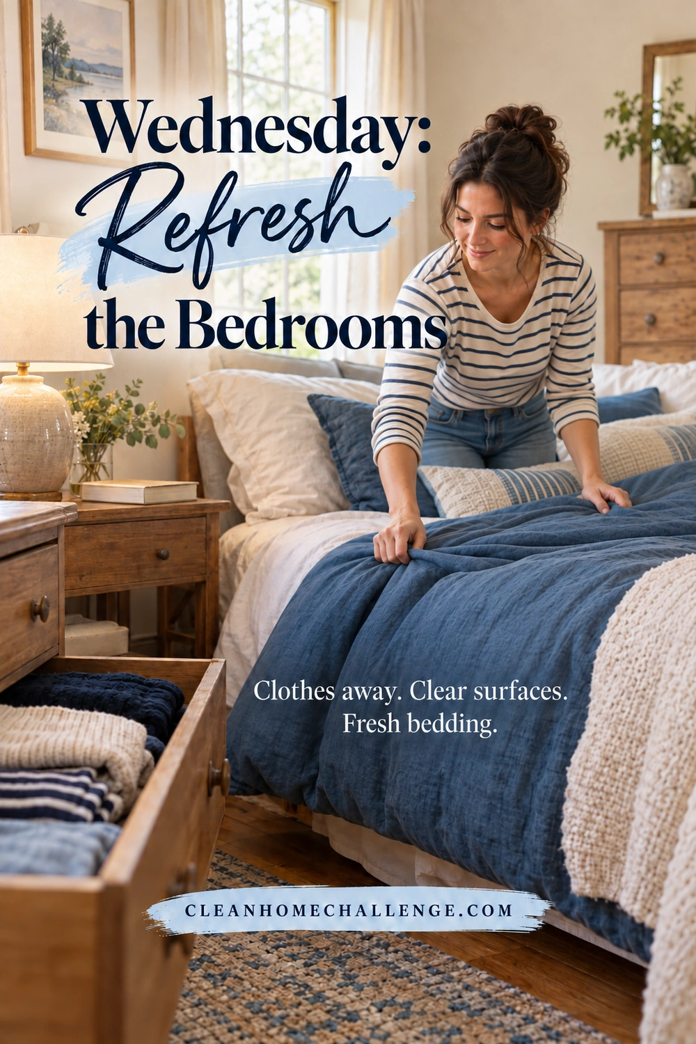 A woman in a striped shirt straightens a blue duvet beside a tidy bedside table and an open dresser drawer containing folded clothes.