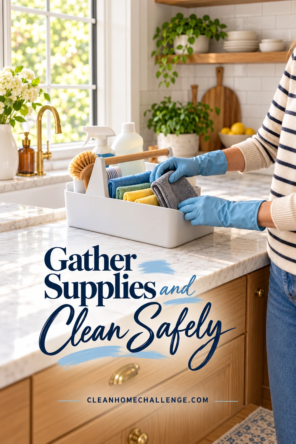 Blue-gloved hands arrange gray, blue, green, and yellow cloths in a white caddy with bottles and a wooden brush on a kitchen counter.