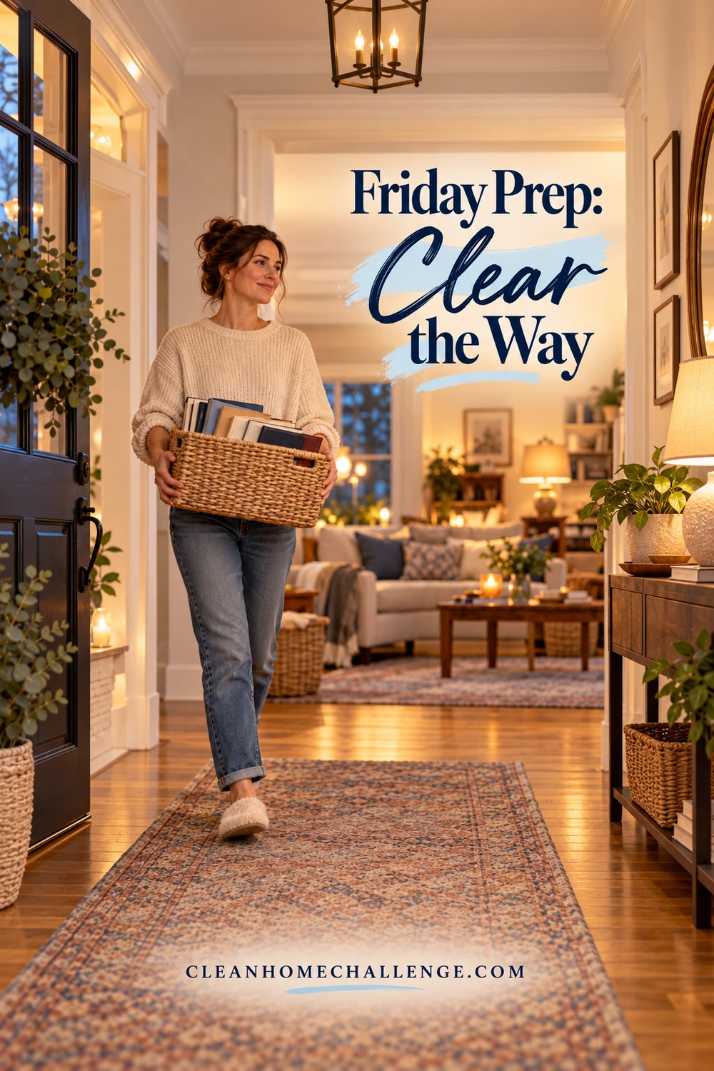 A woman carries a wicker basket filled with books through a warmly lit entryway toward the living room.