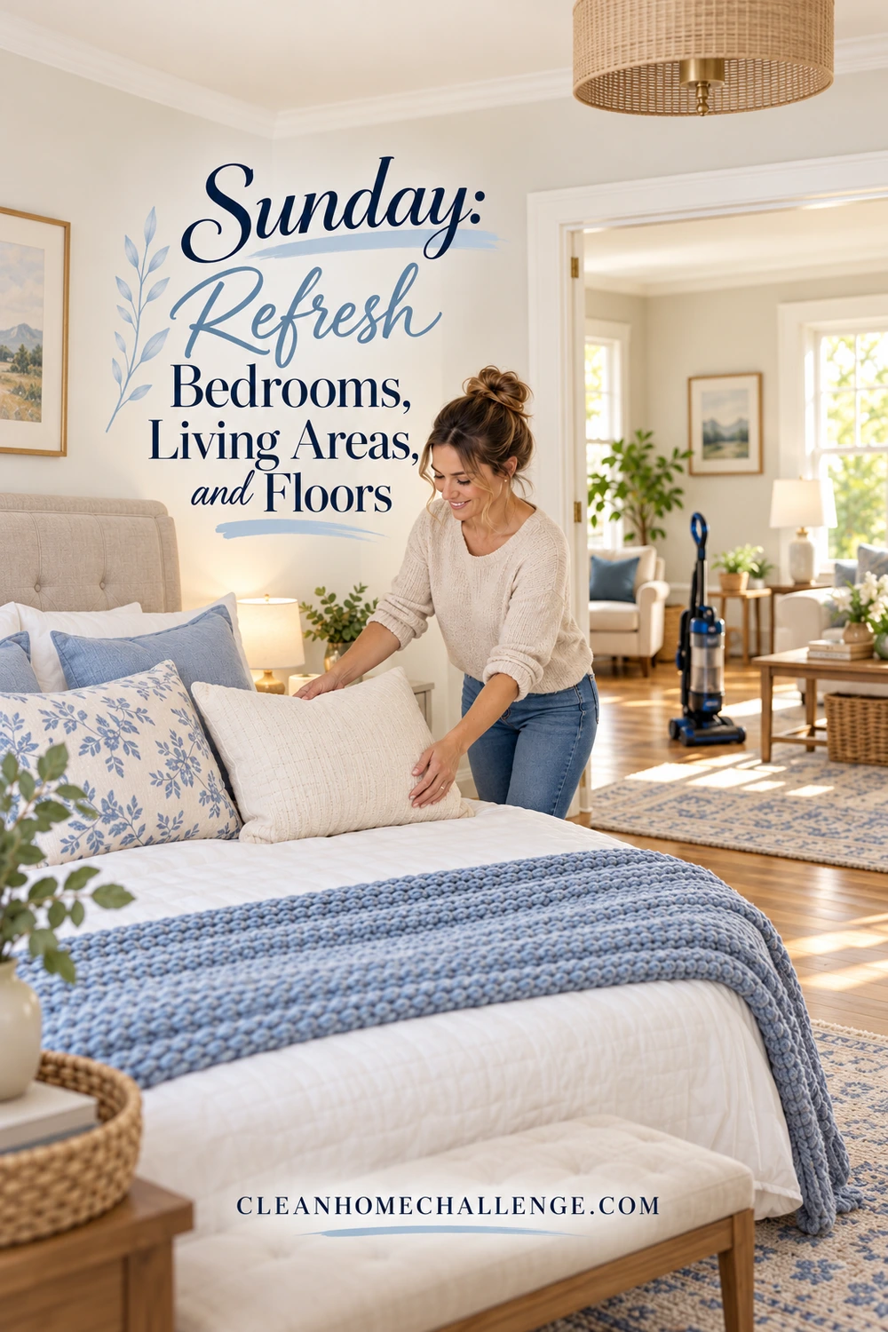 A woman arranges pillows on a bed with a blue throw while an upright vacuum stands in the adjoining living area.