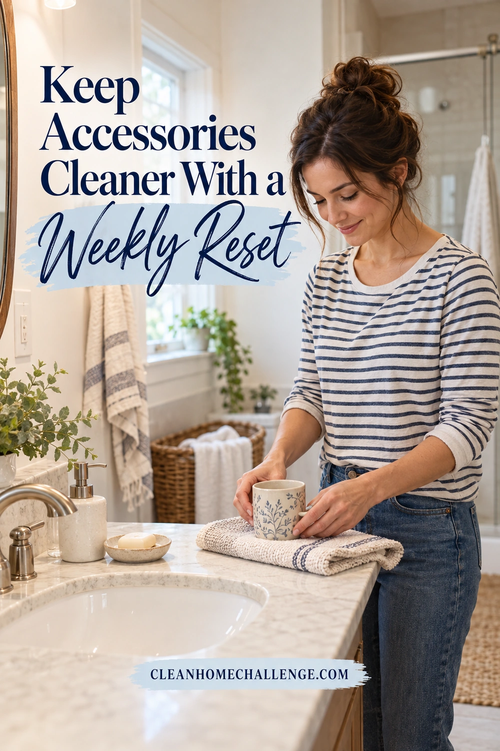 A woman in a striped shirt places a floral ceramic cup on a folded towel at a bathroom sink, beside a soap dish and pump dispenser.