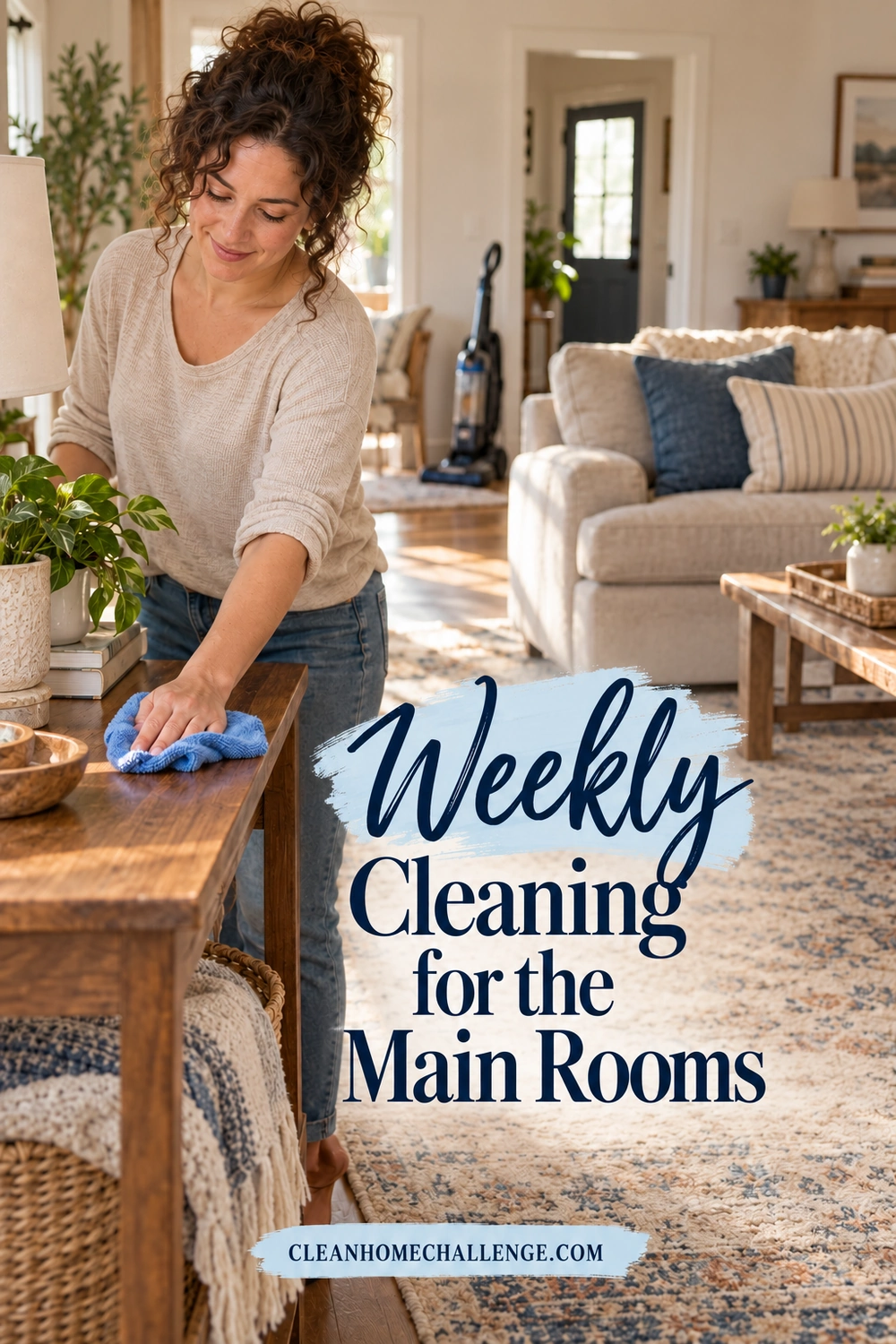 Woman wiping a wooden living-room table with a blue cloth, with a vacuum standing near the rug.