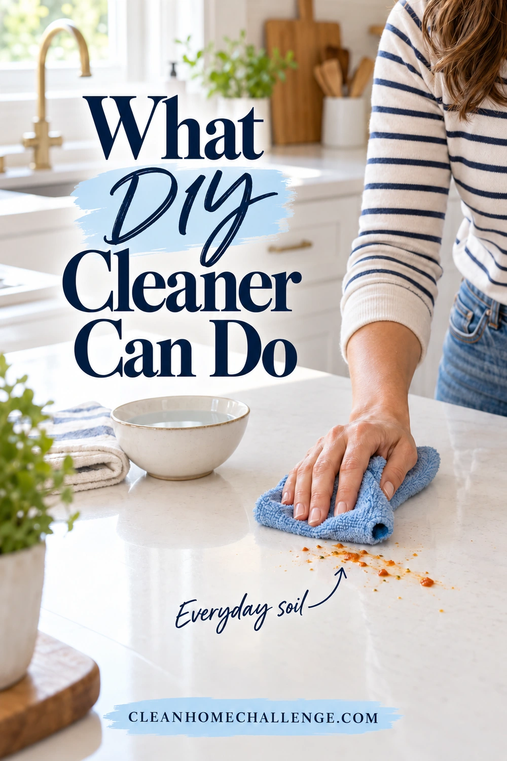 Hand with a striped sleeve wipes food crumbs and a small smear from a light counter with a blue cloth beside a water bowl.