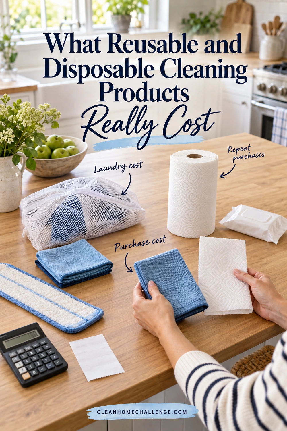 Hands hold a blue cloth and paper towel above a kitchen island with a mesh laundry bag, mop pad, calculator, and wipes. Callouts identify purchase, laundry, and repeat-purchase costs.