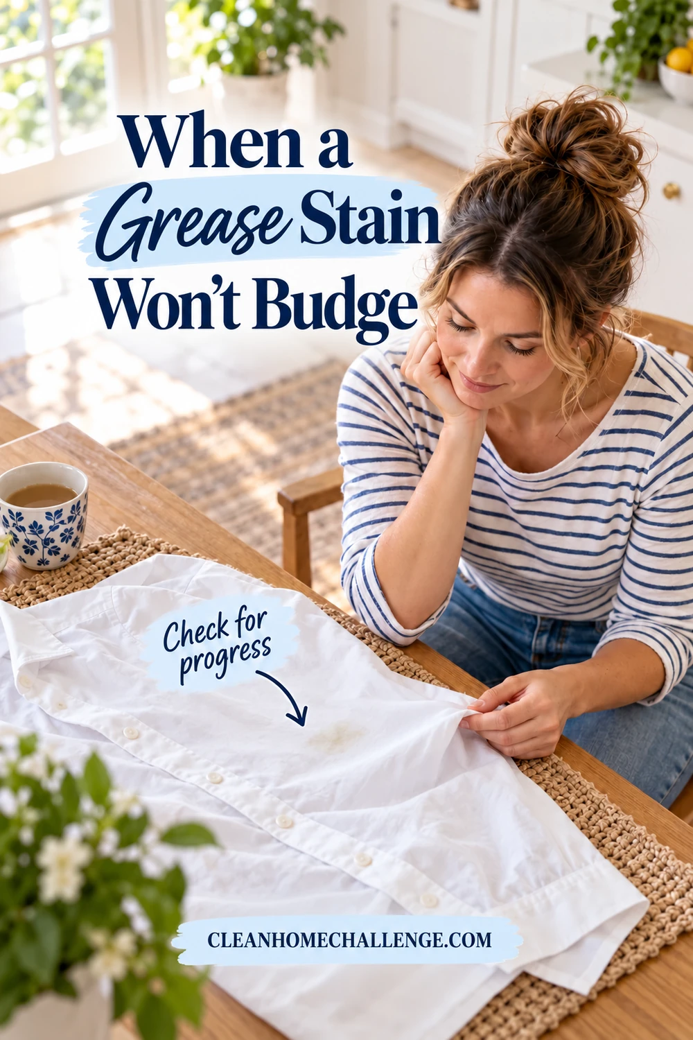 A seated woman studies a faint yellowish mark on a white button-down shirt spread across a table, gently holding its edge.