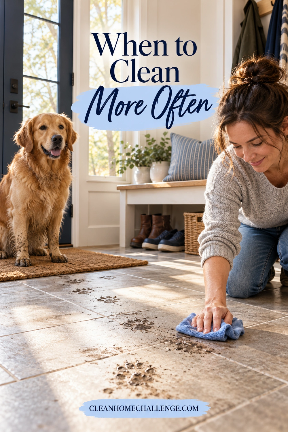 Adult spot-cleaning muddy paw prints on an entryway floor while a dog waits on the doormat.