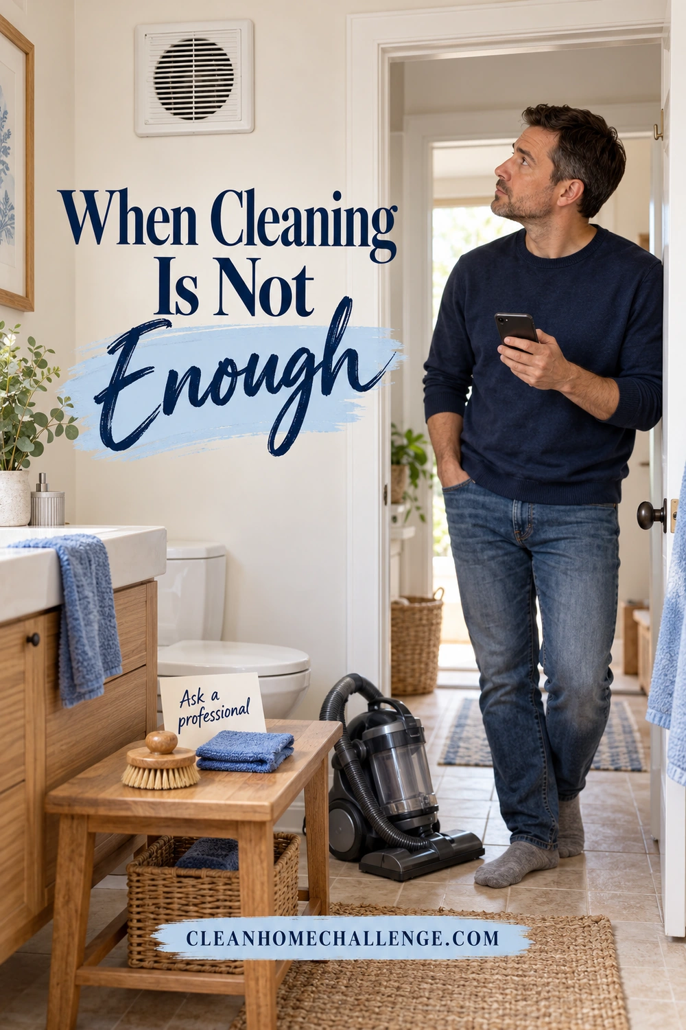 A man holding a phone looks toward a closed bathroom exhaust fan while a soft brush, cloth, and vacuum sit unused nearby.