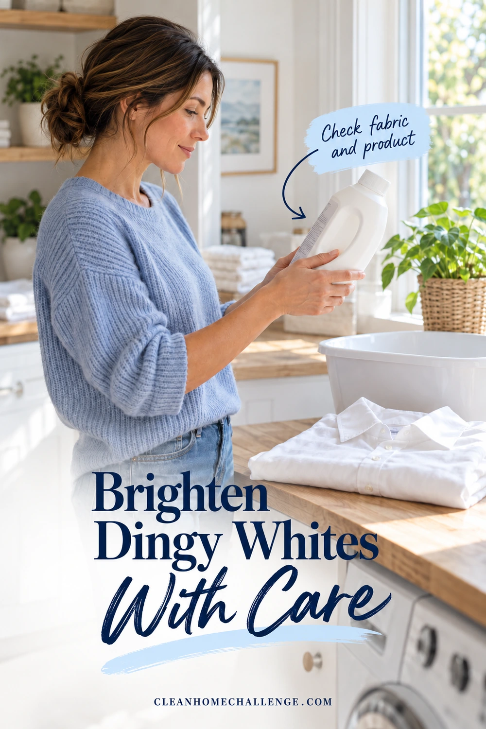 A woman reads a plain laundry product container beside a dry white shirt and an empty soaking basin on a counter.