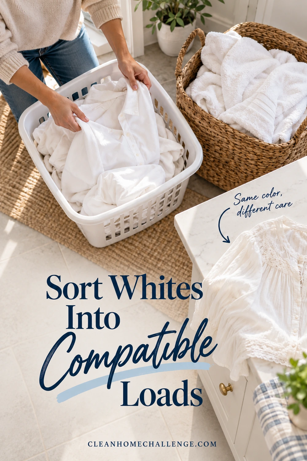 Separate baskets on a wooden laundry floor hold white shirts, heavy towels and a delicate blouse while hands sort a shirt.
