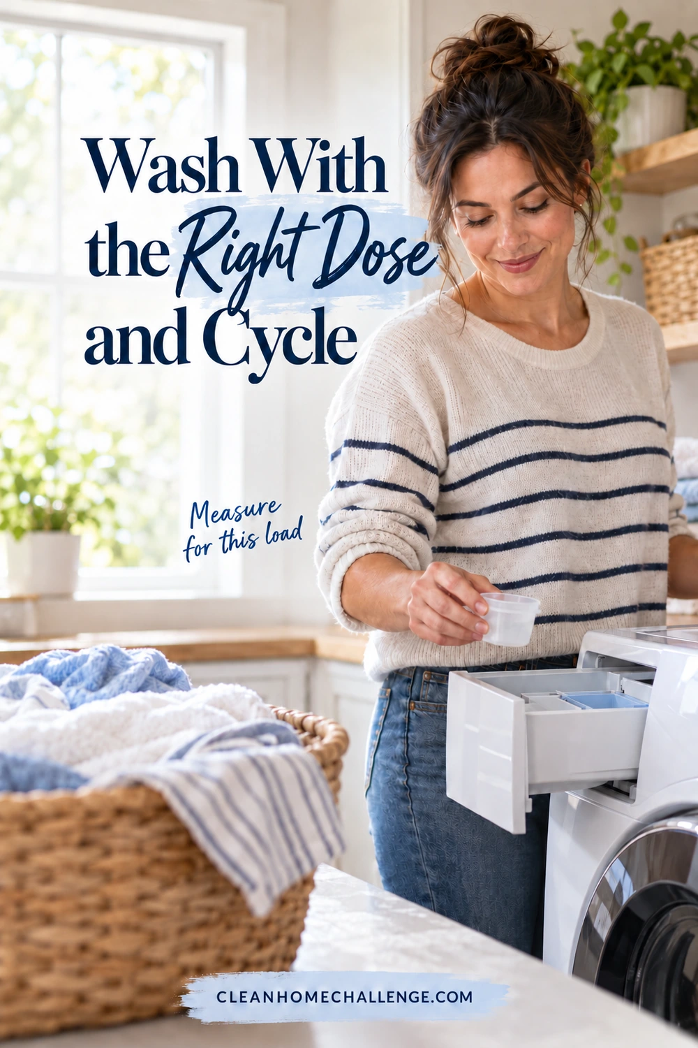 A woman holds a measuring cap above an open washing-machine dispenser with a modest basket of white shirts nearby.