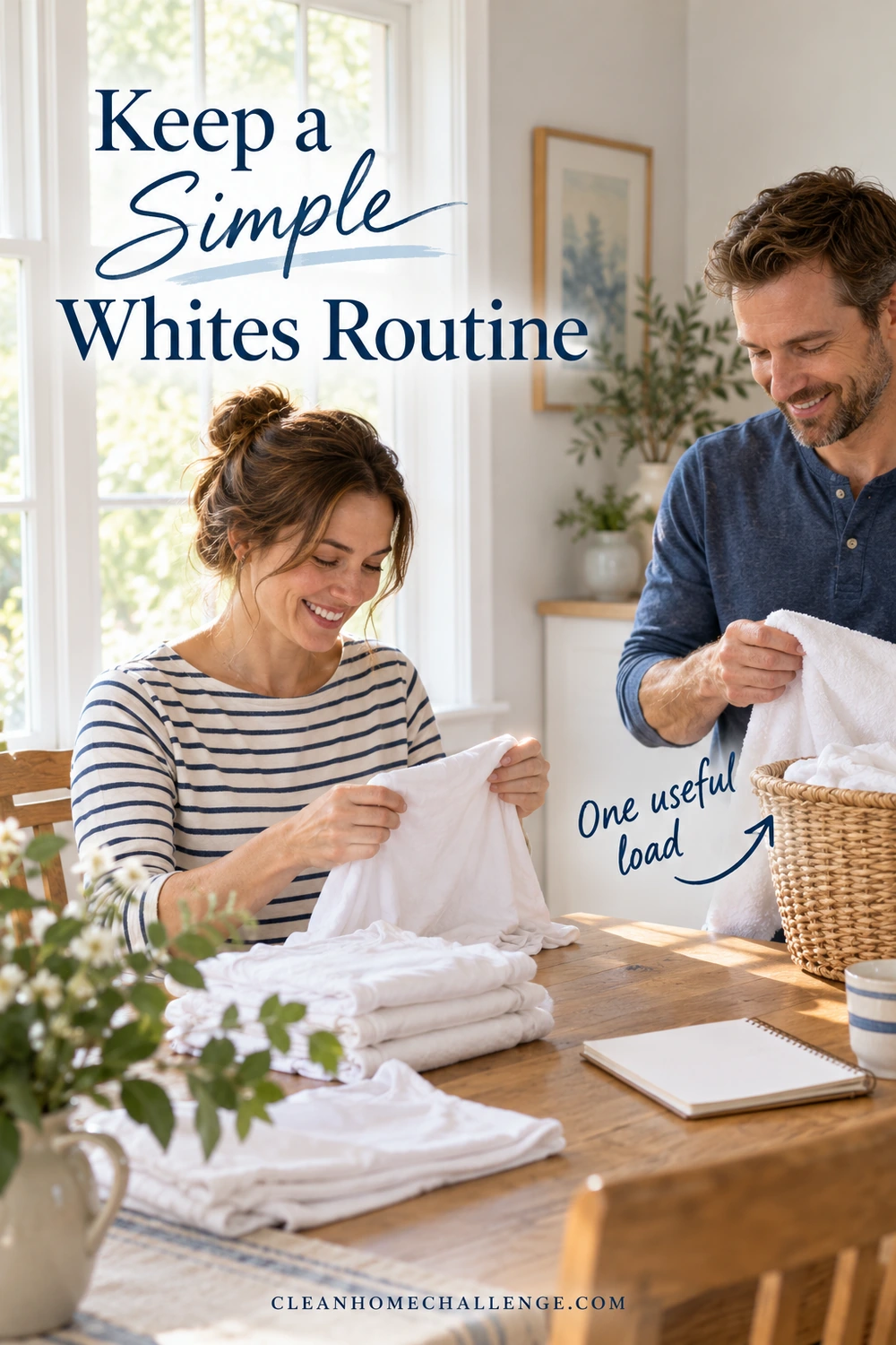 Two adults fold white everyday clothes at a family-home table beside a small basket and a blank notebook.