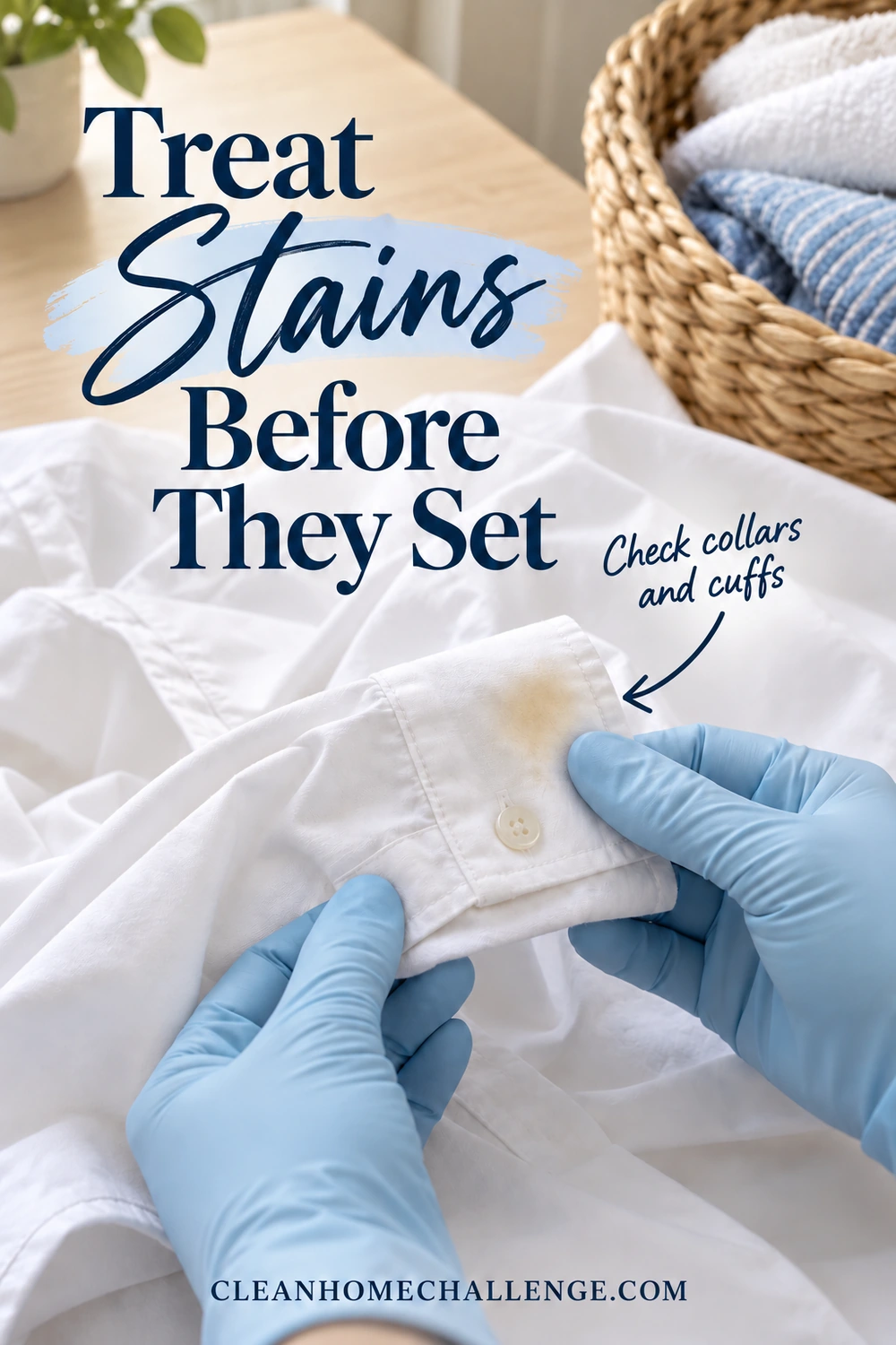 Gloved hands inspect a faint mark on a white shirt cuff spread across a clean wooden laundry counter.