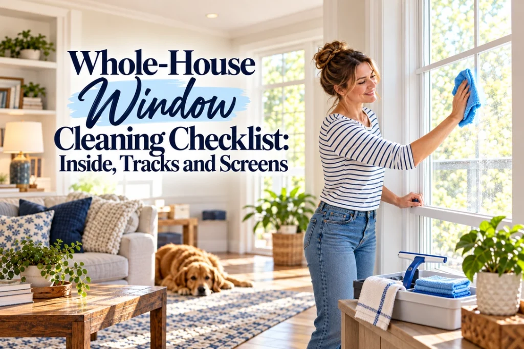 A woman wipes a closed living room window with a blue cloth beside a small cleaning caddy and a resting dog.