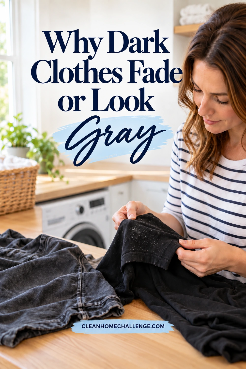 A woman examines white lint on the cuff of a black shirt beside a visibly worn charcoal garment on an oak laundry counter.