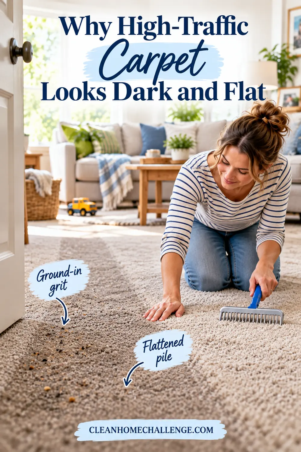 Woman comparing a gritty flattened carpet lane with cleaner raised pile in a family living room.