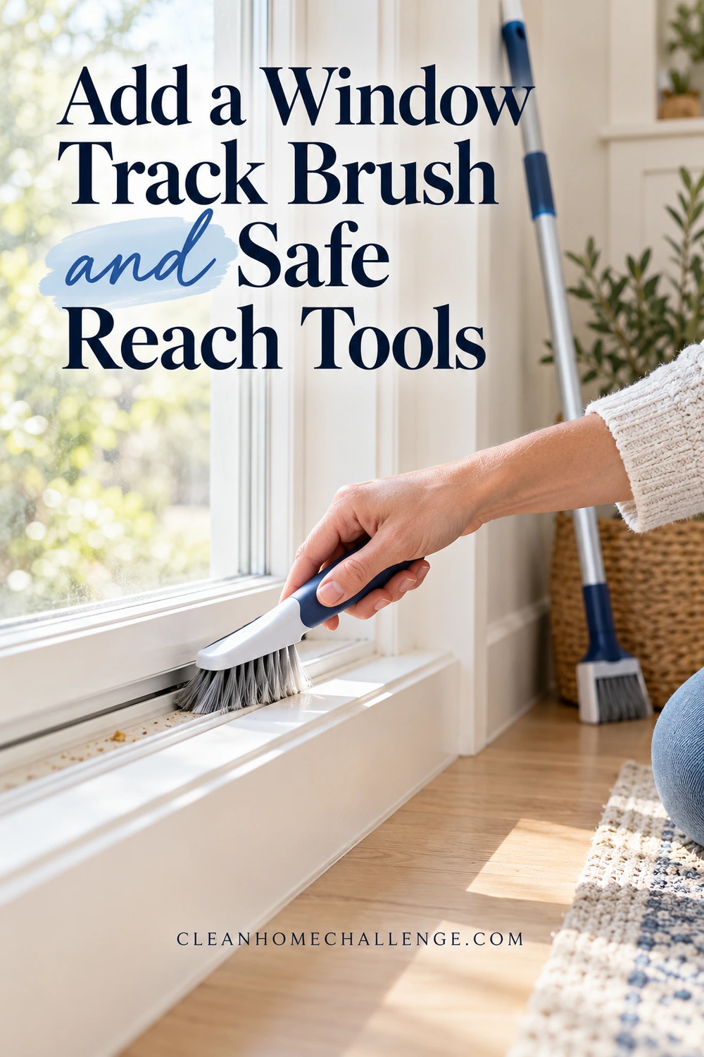 A hand brushes loose debris from a white window track, with a blue-and-white long-handled brush resting against the wall behind.