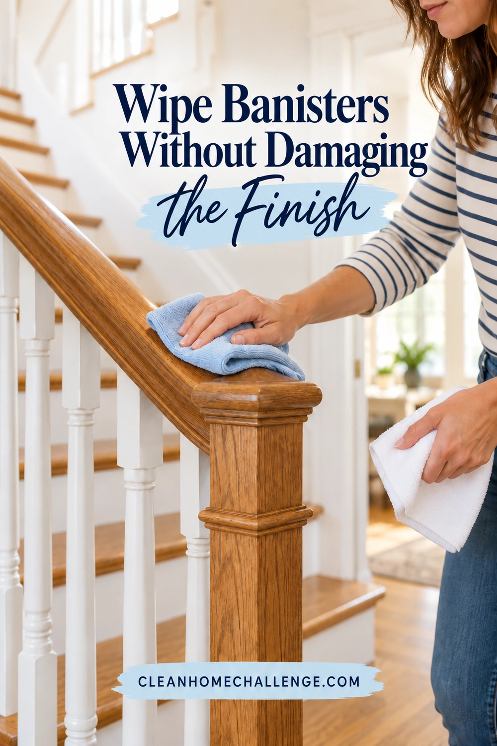 A woman wipes an oak banister with a folded blue cloth while holding a separate white cloth beside the newel post.