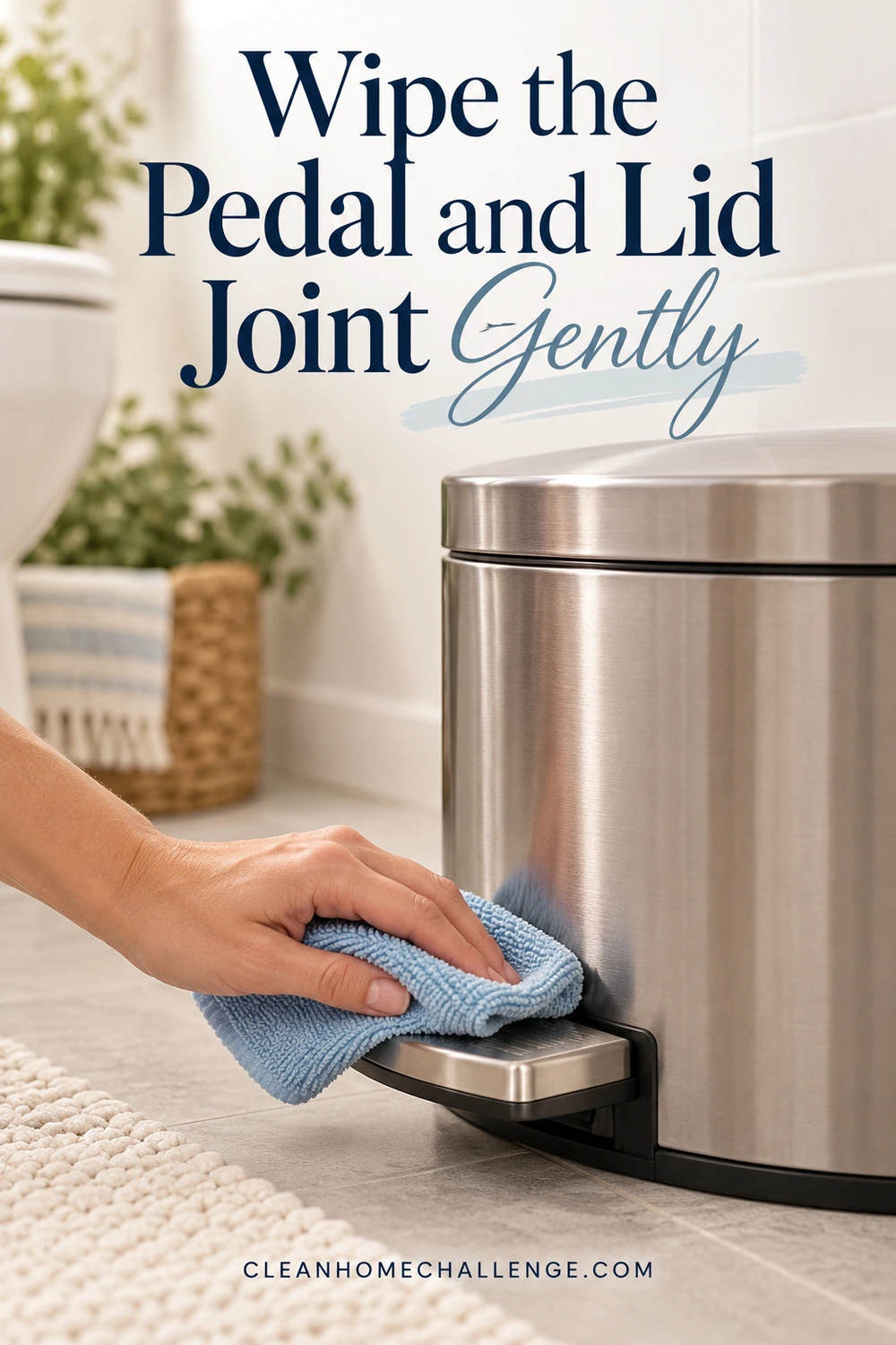 A blue cloth wipes the top of a stainless foot pedal while the trash-can lid stays closed.
