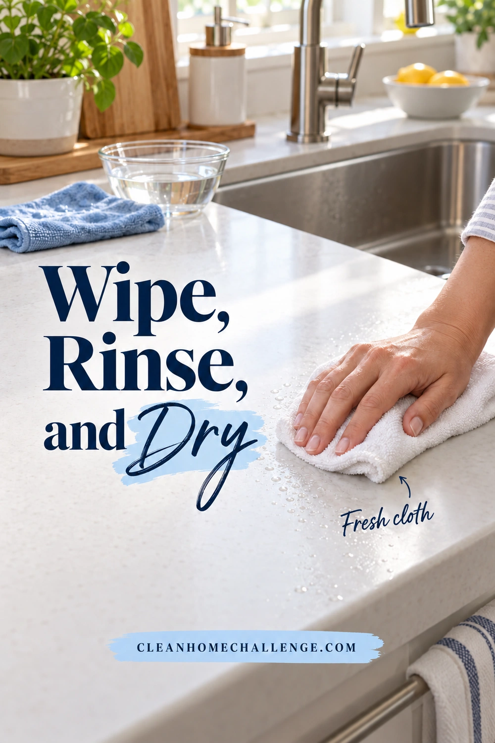 A hand dries a damp kitchen counter with a white cloth beside a blue cloth and glass bowl of water near the sink.