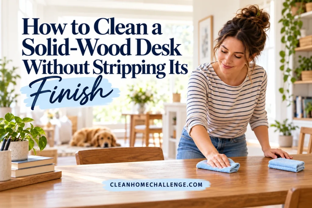 A woman gently wipes a solid-wood desk with a blue cloth while a separate cloth rests nearby.