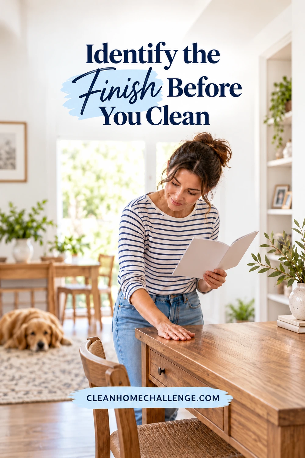A woman reads a plain care booklet beside a wooden desk, resting her other hand on the tabletop.