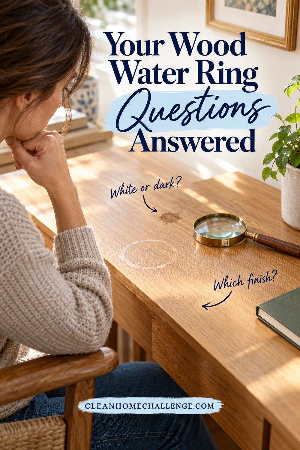 A seated woman examines a white ring and a dark mark on a light wood desk beside a magnifying glass.