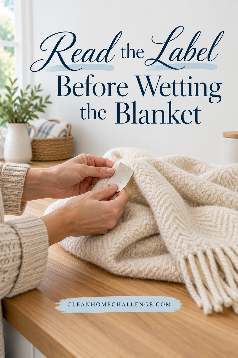 Hands hold the care label of a cream knitted blanket resting on a wooden table.
