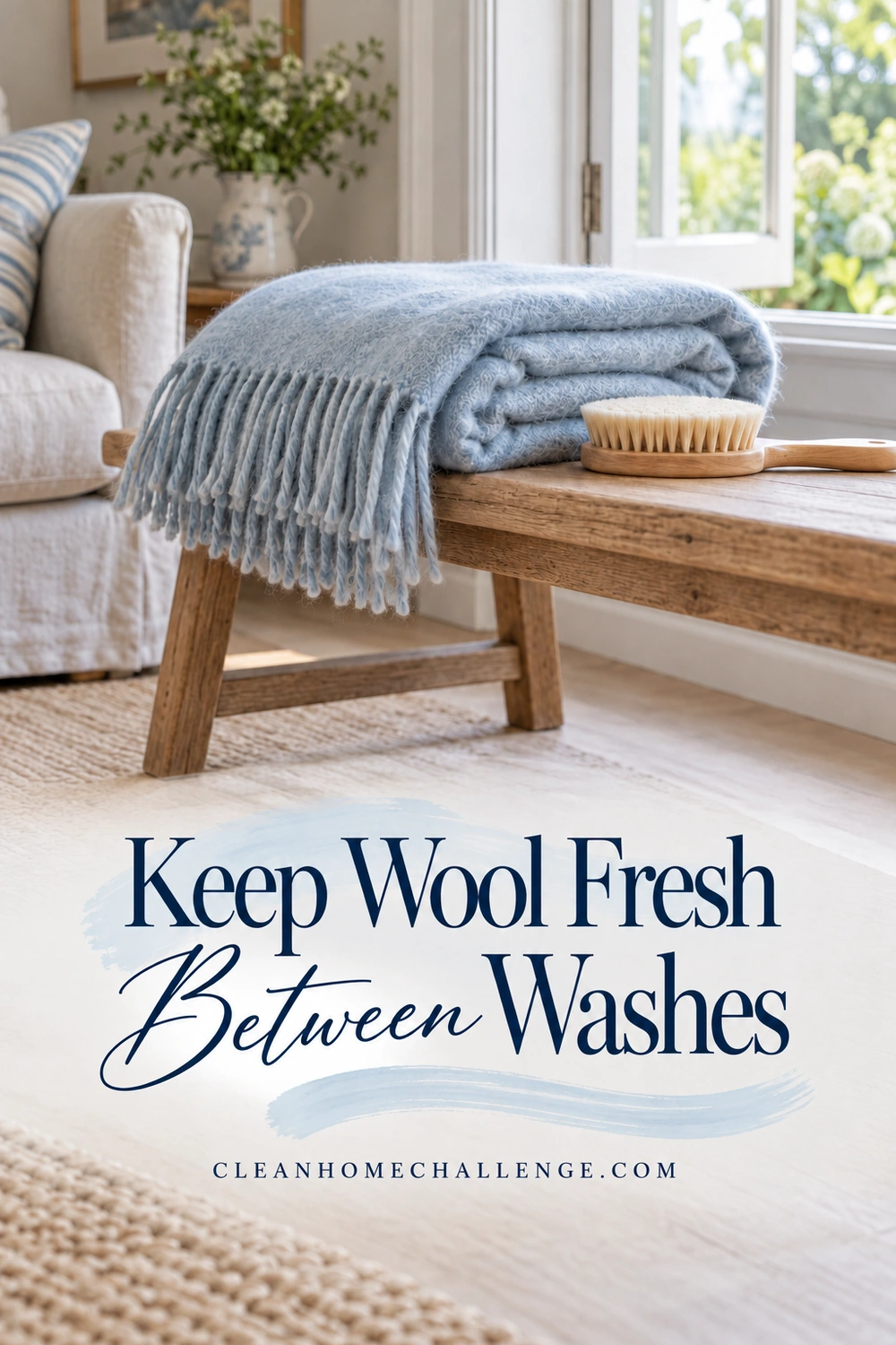 A folded pale blue wool blanket rests on a wooden bench beside a garment brush and an open shaded window.
