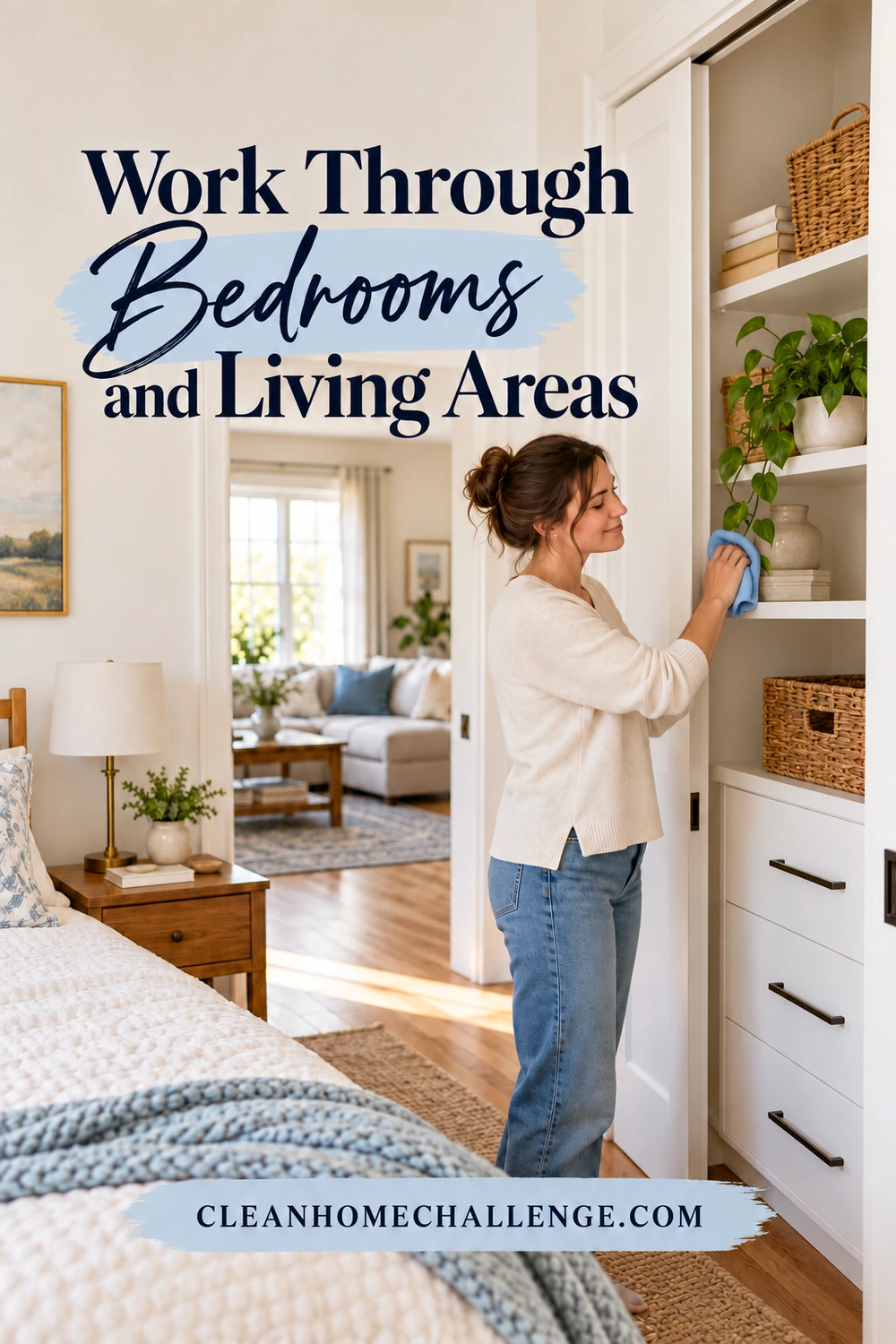 A woman wipes a shelf with a blue cloth beside a bed, with the adjoining furnished living room visible through the doorway.