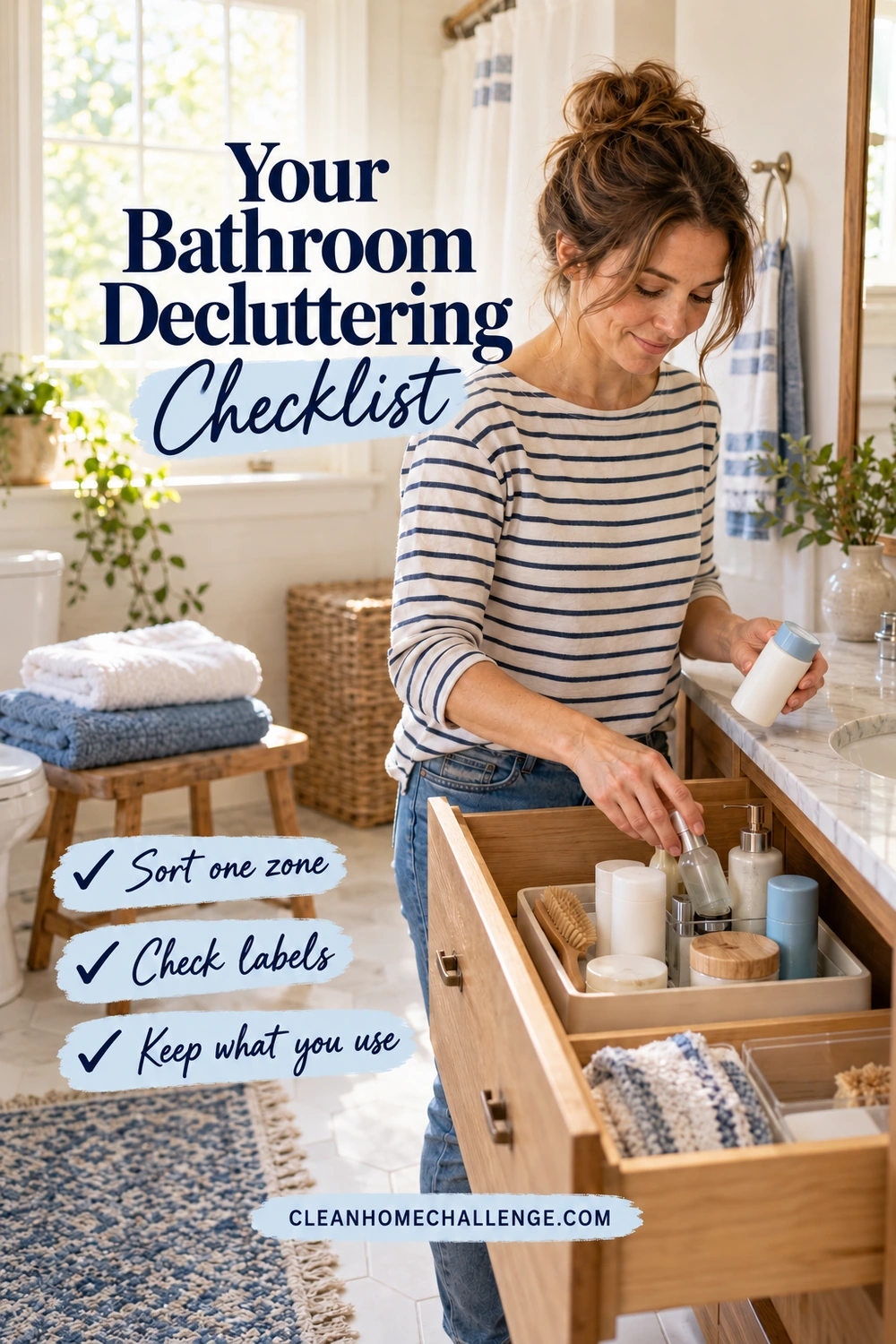 Woman places toiletries in an open vanity drawer beside folded towels, with three decluttering checklist lines.
