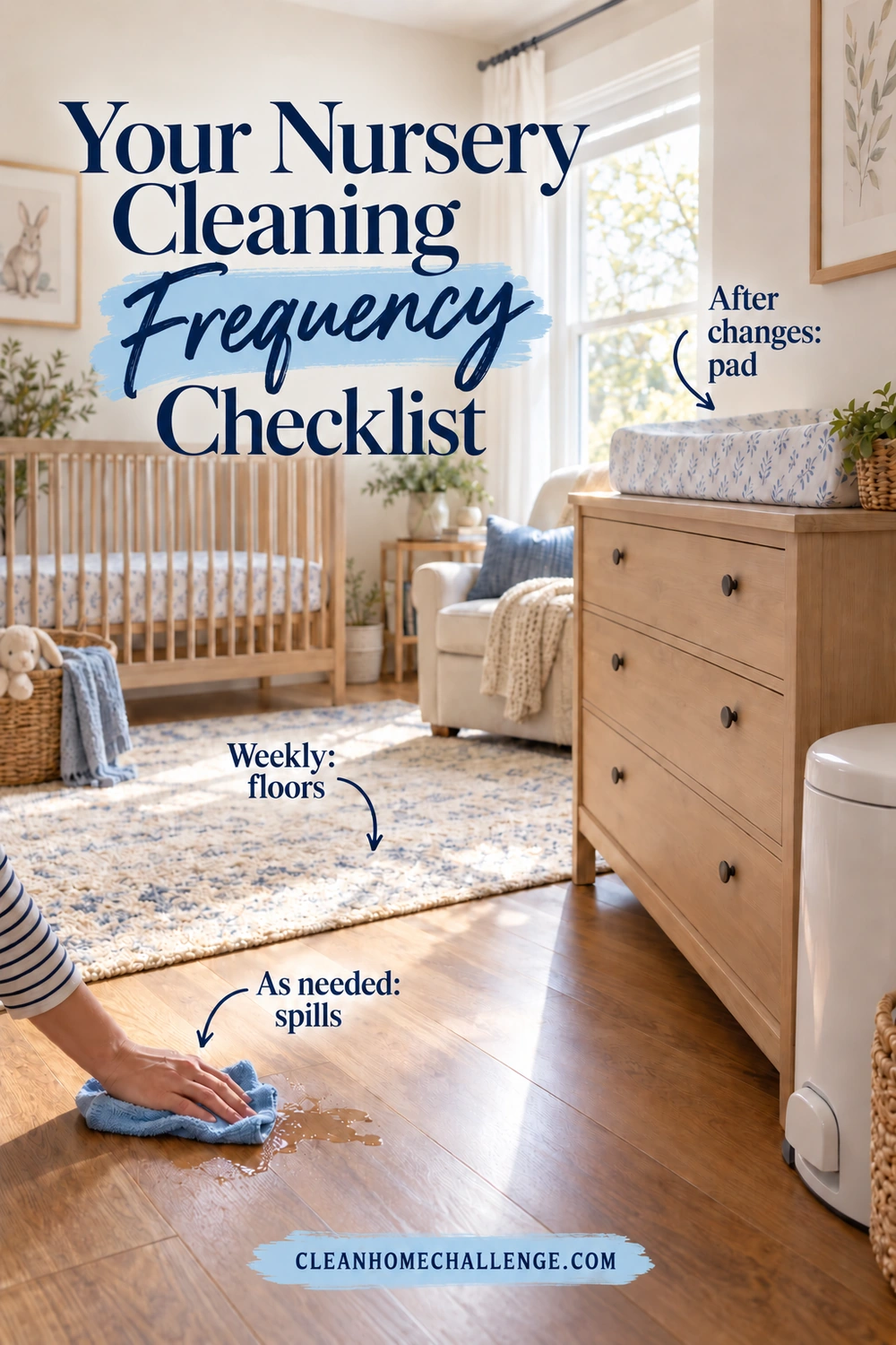 Nursery overview with callouts for the changing pad, floors, and a small spill being wiped.